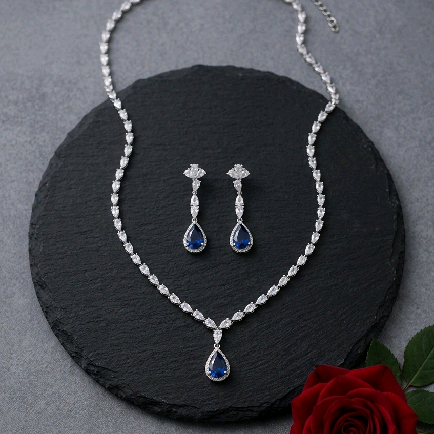 Blue Pear Drop CZ Nacklace Set 